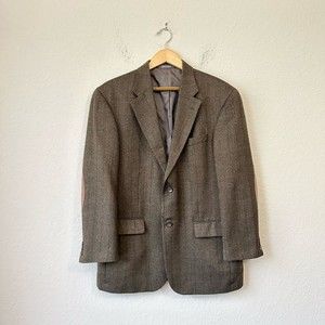 OSCAR DE LA RENTA Mens Brown Chevron Lambswool Sport Coat Elbow Patch